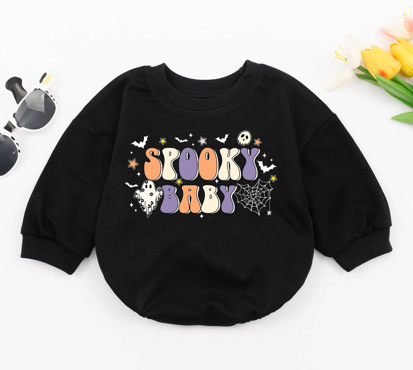 Spooky Baby Romper Retro Halloween Bodysuit for Baby Girl or Boy First Halloween Outfit Ghost Design Fall Season Gift 1st Halloween