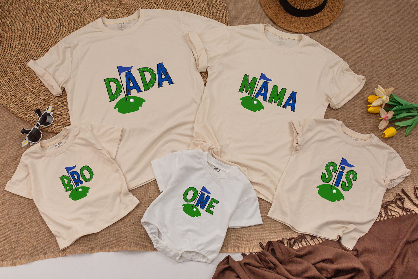 Playful Matching Golf Birthday Shirts Two-Toned Dada Mama Bro One Design First Birthday Hole in One Party Family Outfit Tee