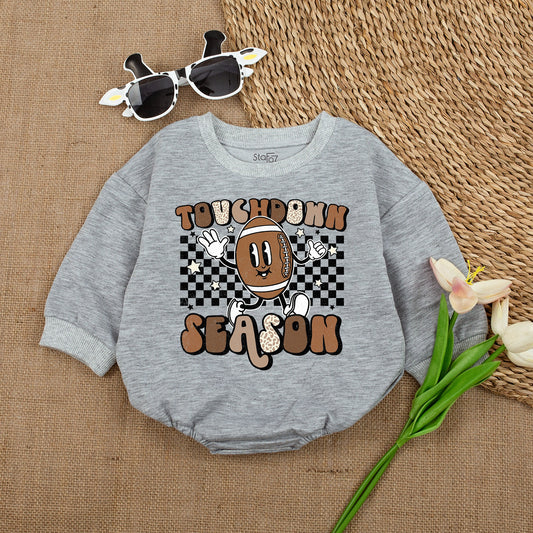 Oversized Touchdown Season Football Baby Romper Vintage Checkered Design Jumpsuit for Baby Shower Gift or Football Fan Outfit