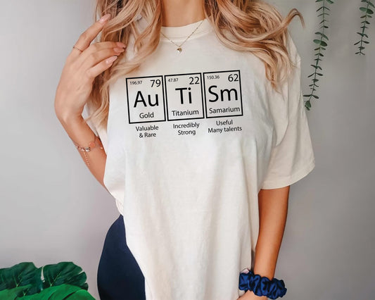 Autism Acceptance & Awareness Advocate Unisex T-shirt Periodic Table Design, a comfortable cotton tee for teachers, moms, and neurodiversity supporters.