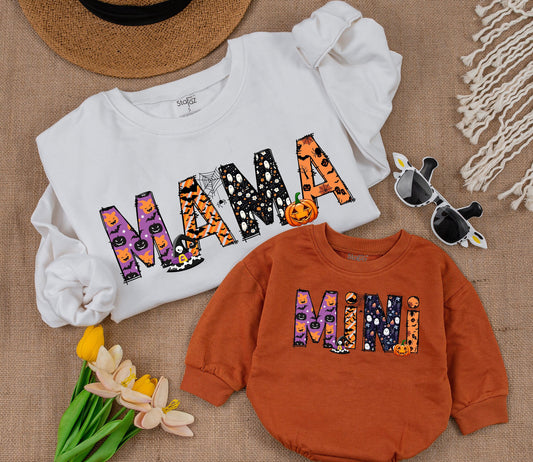 Mommy and Me Halloween Mama Sweatshirt Whimsical Spooky Ghost Bat Pumpkin Spider Letter Design Orange Purple Black White Fall Outfit