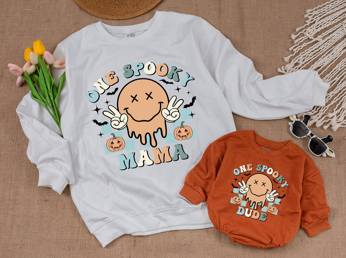 One Spooky Dude Halloween Birthday Sweatshirt 1st Baby Boy Retro Smiley Face Melting Pastel Pumpkin Patch Checkered Design Family Apparel