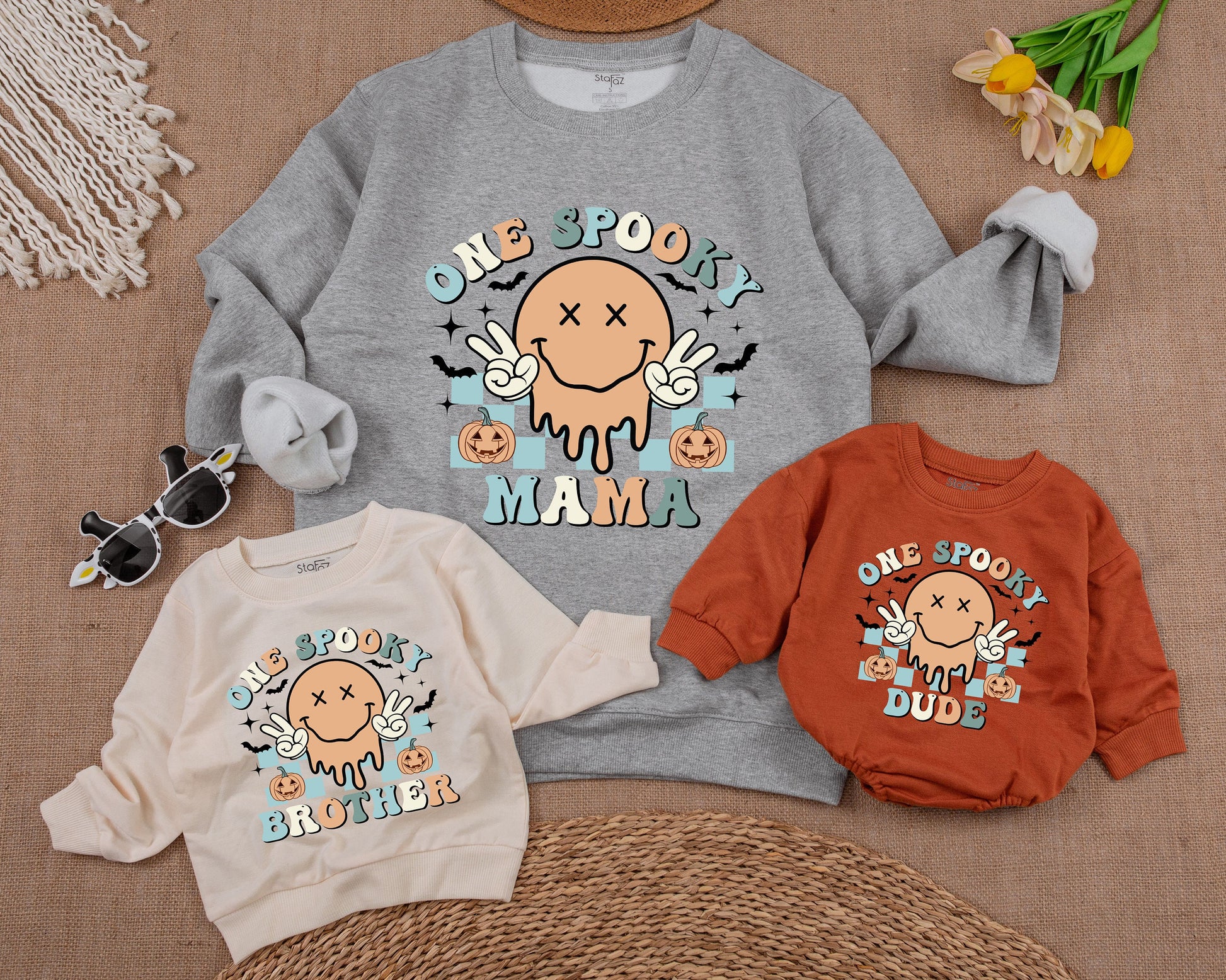 One Spooky Dude Halloween Birthday Sweatshirt 1st Baby Boy Retro Smiley Face Melting Pastel Pumpkin Patch Checkered Design Family Apparel