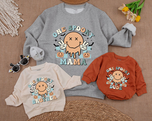 One Spooky Dude Halloween Birthday Sweatshirt 1st Baby Boy Retro Smiley Face Melting Pastel Pumpkin Patch Checkered Design Family Apparel