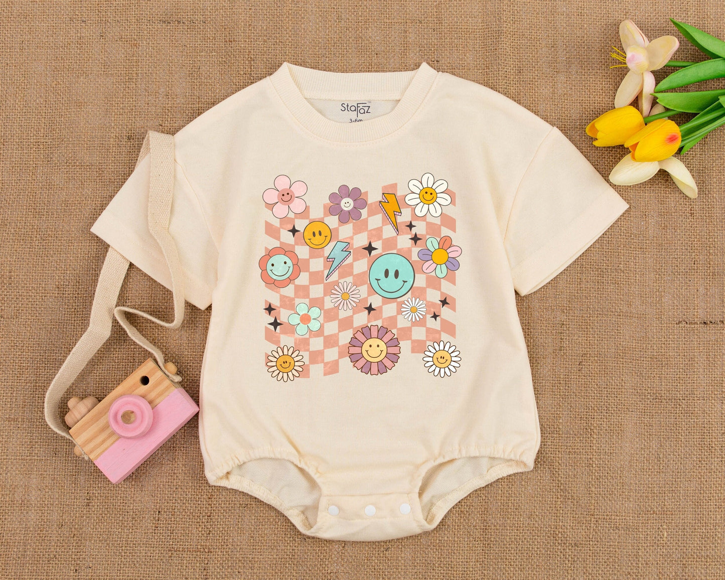 Retro Smile Face Baby Romper Short Sleeve Girl Birthday Outfit Vintage Bubble Design Comfortable Boho Clothes Toddler Gift