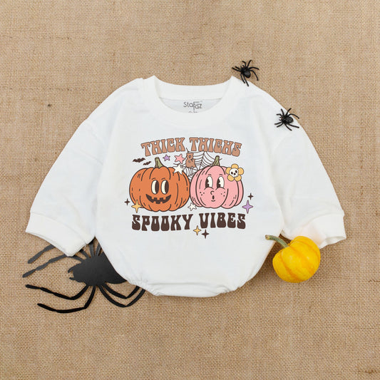 Spooky Vibes Baby Romper Funny Halloween Bodysuit Retro Newborn Autumn First Outfit with Playful Pink Orange Pumpkin & Bat Design