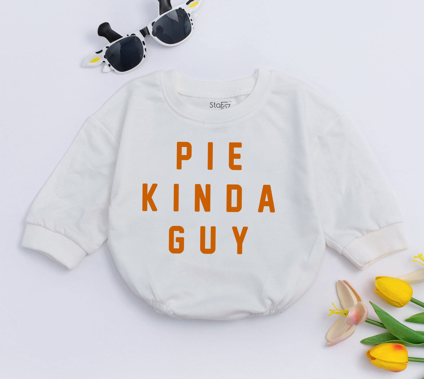 Pie Kinda Guy Baby Romper - First Thanksgiving Outfit for Baby Boy, Funny Fall Clothes, Sweatshirt Romper for Newborn, Baby Shower Gift (136 chars)