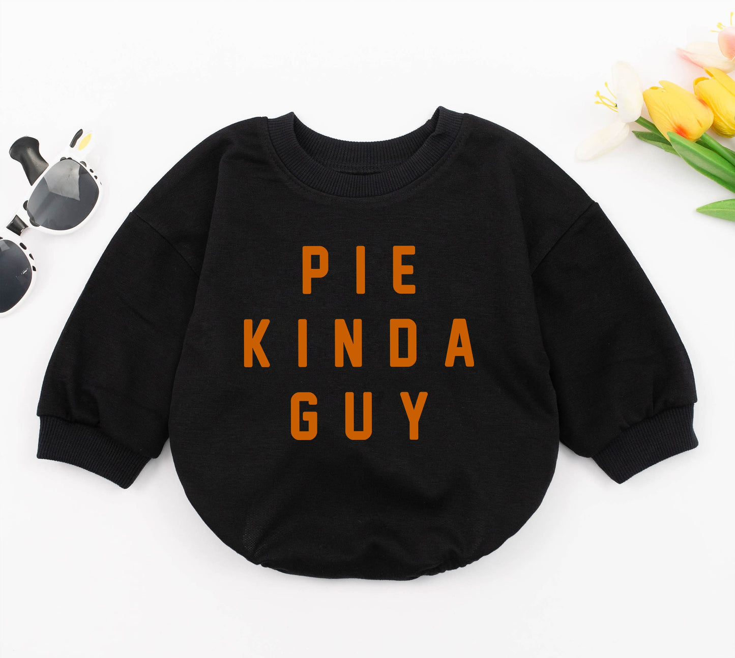 Pie Kinda Guy Baby Romper - First Thanksgiving Outfit for Baby Boy, Funny Fall Clothes, Sweatshirt Romper for Newborn, Baby Shower Gift (136 chars)
