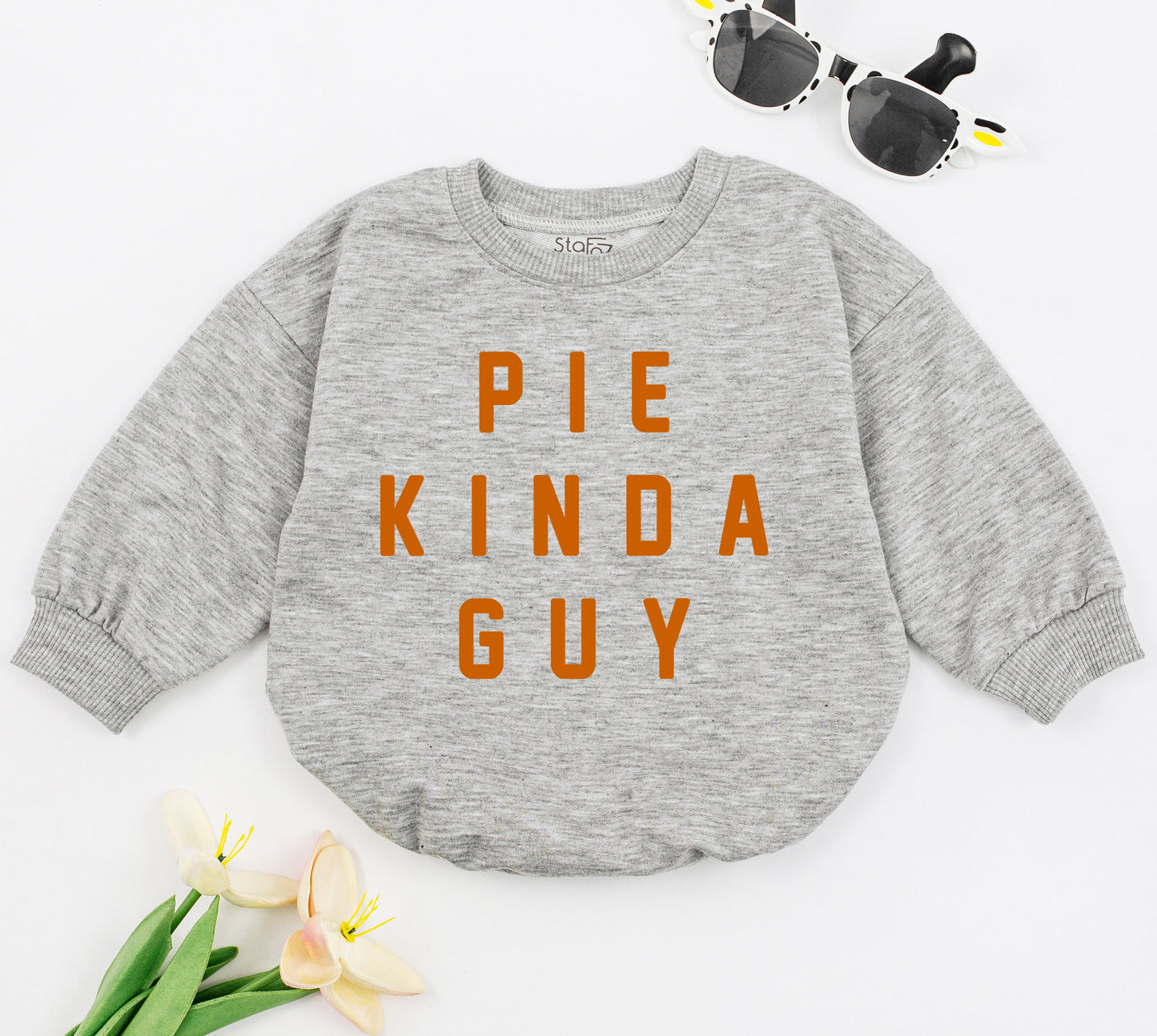 Pie Kinda Guy Baby Romper - First Thanksgiving Outfit for Baby Boy, Funny Fall Clothes, Sweatshirt Romper for Newborn, Baby Shower Gift (136 chars)