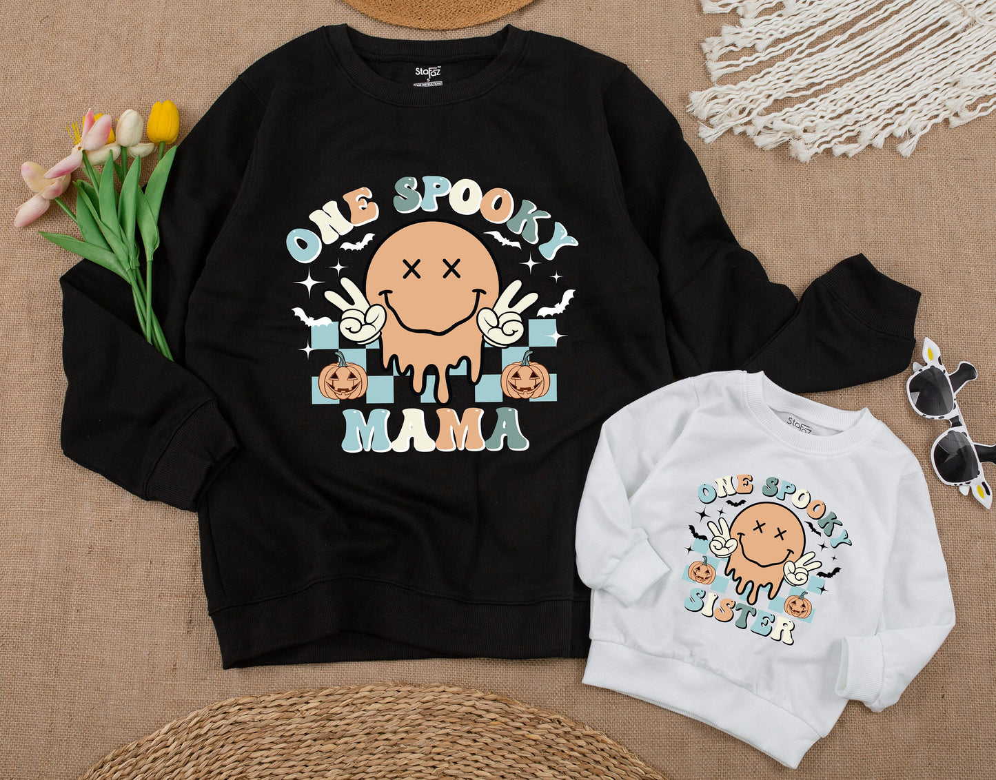 One Spooky Dude Halloween Birthday Sweatshirt 1st Baby Boy Retro Smiley Face Melting Pastel Pumpkin Patch Checkered Design Family Apparel