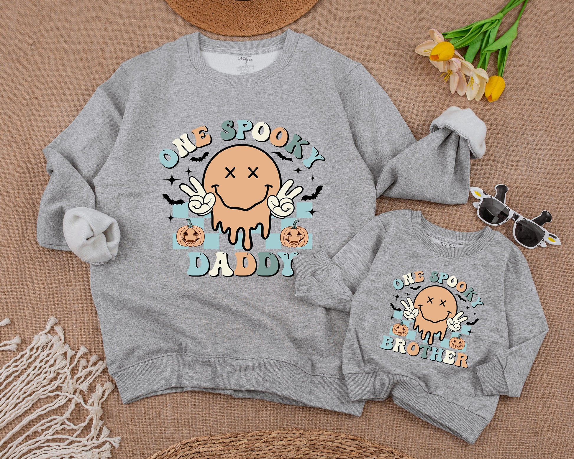 One Spooky Dude Halloween Birthday Sweatshirt 1st Baby Boy Retro Smiley Face Melting Pastel Pumpkin Patch Checkered Design Family Apparel