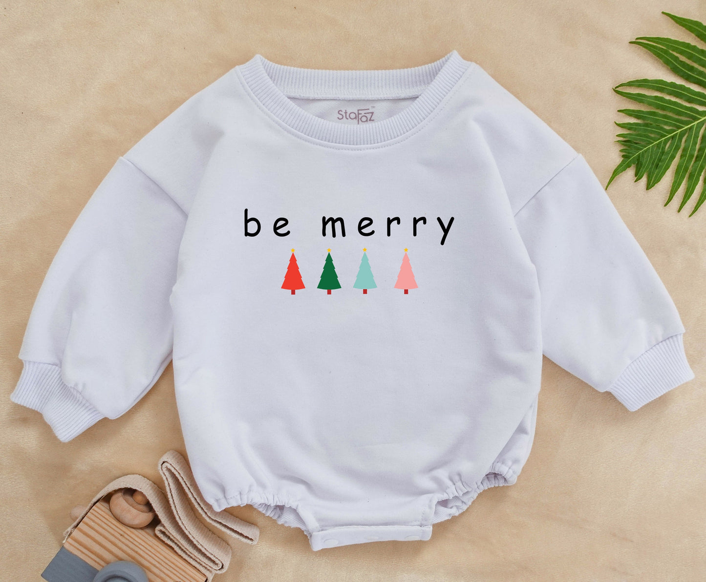 Be Merry Baby Christmas Romper Outfit with Trees 1st Xmas Toddler Holiday Sweatshirt Romper Baby Shower Gift Cute Festive Design