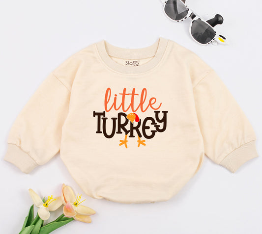Thanksgiving Baby Girl Outfit - Cozy Retro Turkey Romper & Oversized Sweat Set for 1st Thanksgiving, Personalized Gift