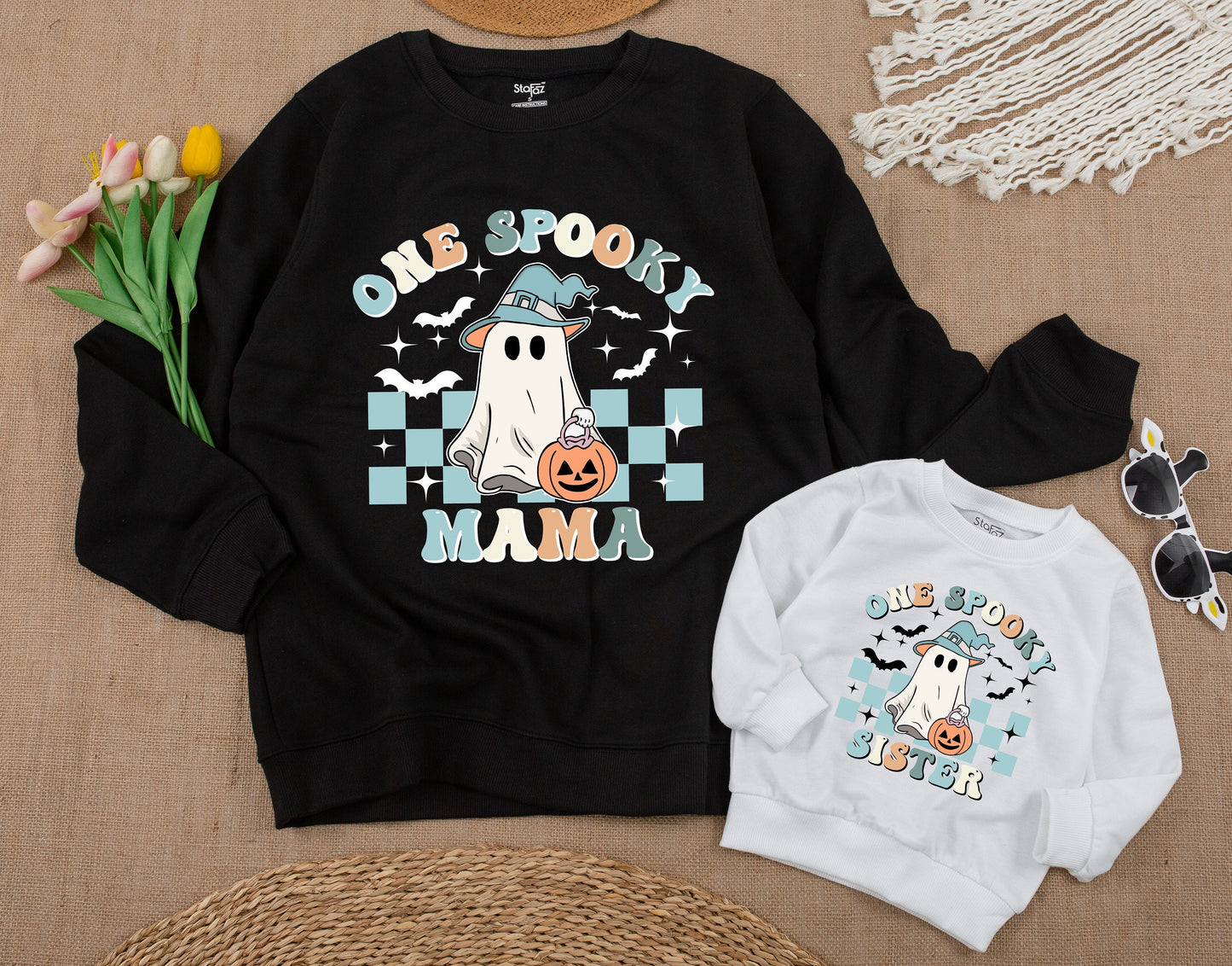 One Spooky Dude First Birthday Halloween Baby Boy Sweatshirt featuring Cute Ghost & Witch Hat Pastel Vintage Checkerboard Family Matching Outfit