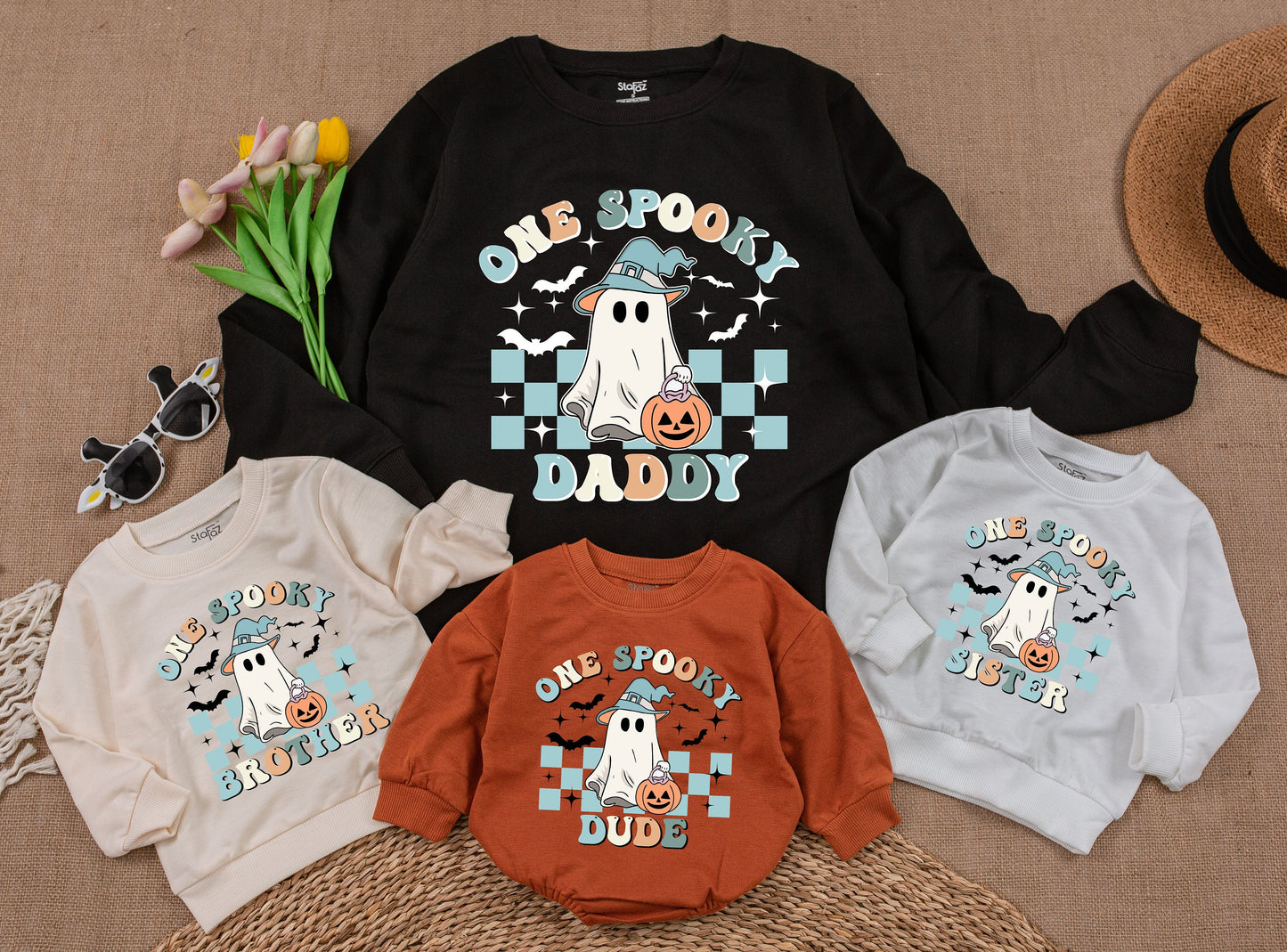 One Spooky Dude First Birthday Halloween Baby Boy Sweatshirt featuring Cute Ghost & Witch Hat Pastel Vintage Checkerboard Family Matching Outfit