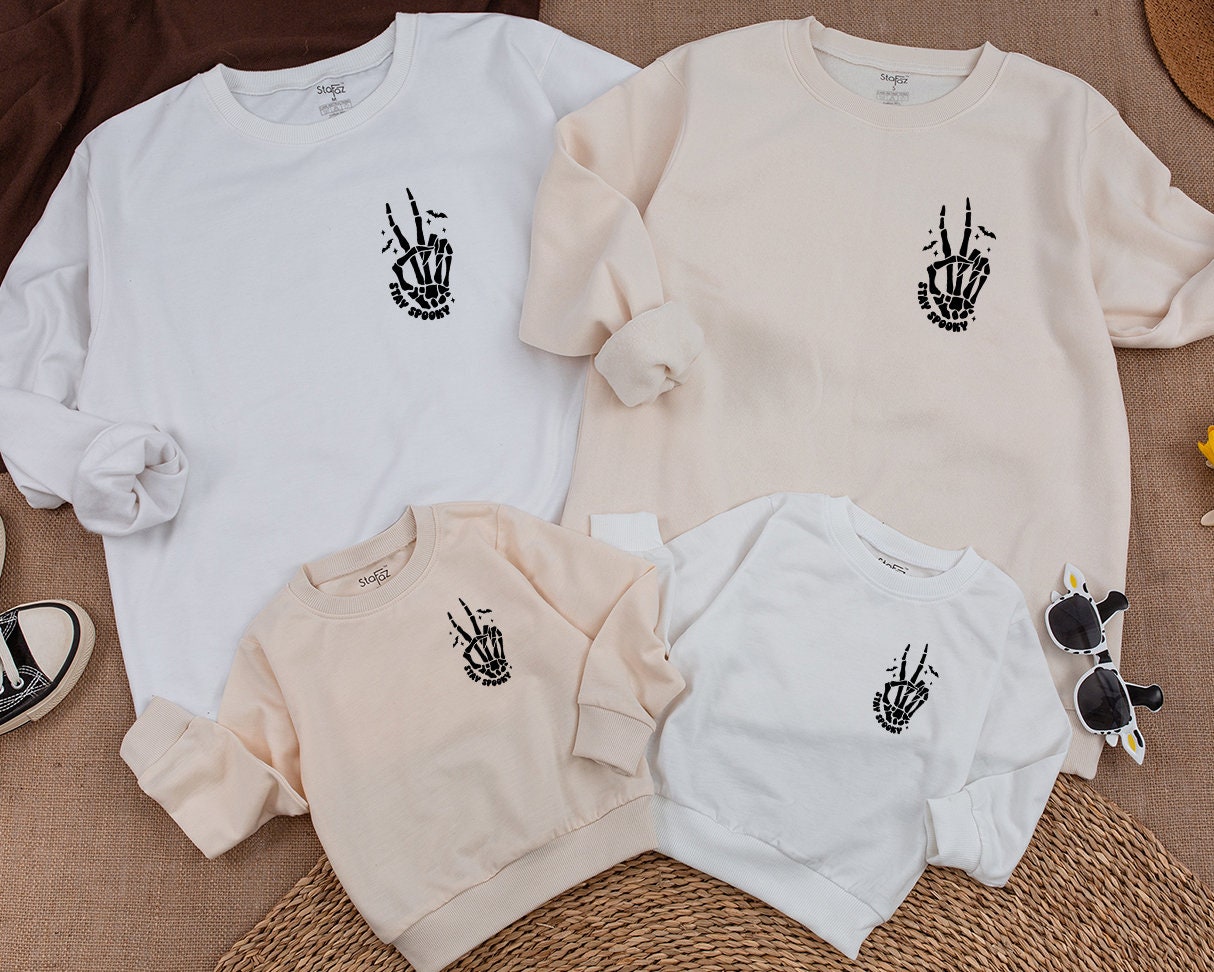 Stay Spooky Skeleton Hands Skull Halloween Sweatshirt perfect for Kids & Toddlers embracing Horror Party vibes with a cozy Fall Crewneck Shirt