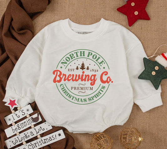 North Pole Reindeer Funny First Christmas Baby Bubble Romper Merry Christmas Vibes Sweet Holiday Outfit