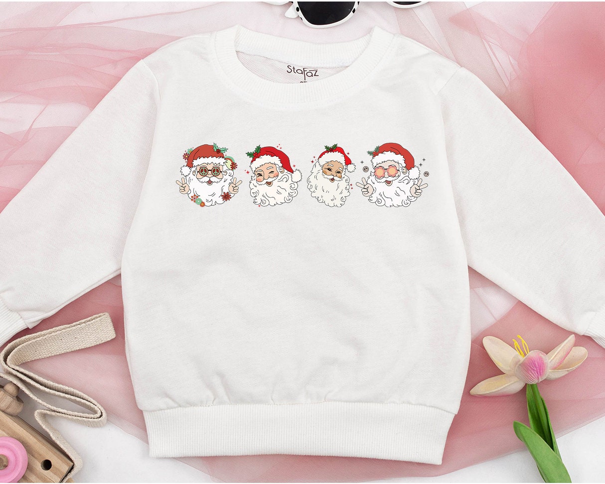 Retro Cheerful Santa Christmas Sweatshirt Vintage Whimsical Santa Heads Kids Toddler Baby Holiday Shirt with Retro Flowers