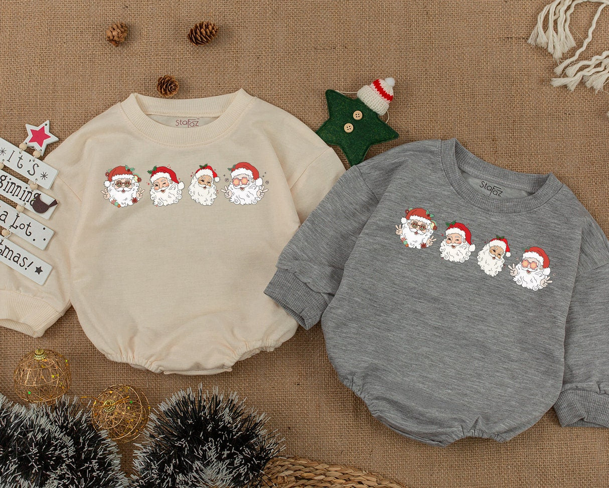 Retro Cheerful Santa Christmas Sweatshirt Vintage Whimsical Santa Heads Kids Toddler Baby Holiday Shirt with Retro Flowers