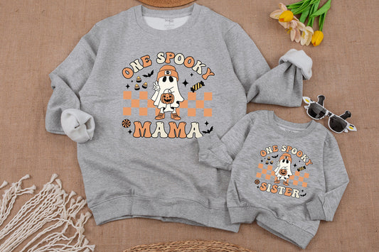 One Spooky Dude Halloween Birthday Sweatshirt Retro Cartoon Ghost Pumpkin Orange Checkerboard 1st Baby Toddler Boy Fall Outfit Vintage Style
