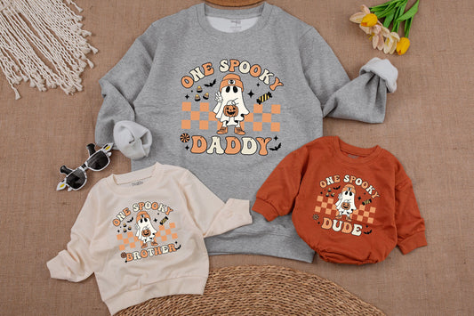 One Spooky Dude Halloween Birthday Sweatshirt Retro Cartoon Ghost Pumpkin Orange Checkerboard 1st Baby Toddler Boy Fall Outfit Vintage Style