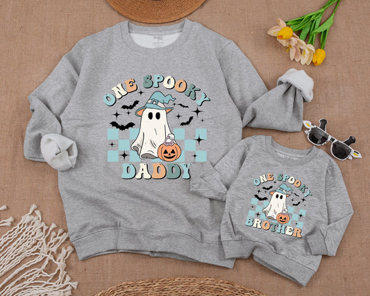 One Spooky Dude First Birthday Halloween Baby Boy Sweatshirt featuring Cute Ghost & Witch Hat Pastel Vintage Checkerboard Family Matching Outfit