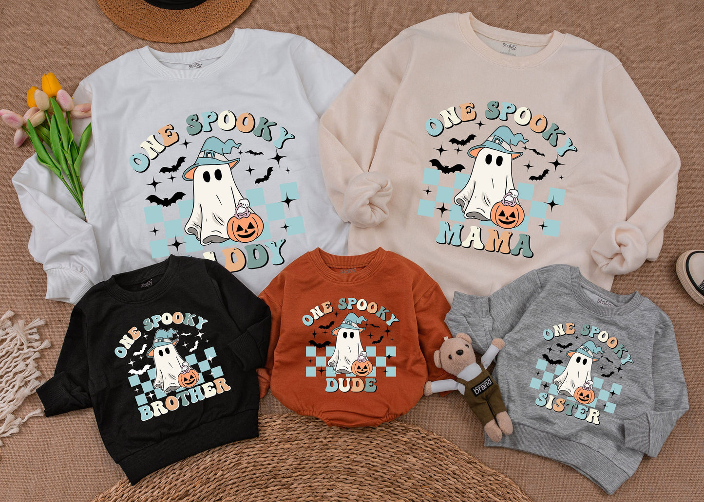 One Spooky Dude First Birthday Halloween Baby Boy Sweatshirt featuring Cute Ghost & Witch Hat Pastel Vintage Checkerboard Family Matching Outfit
