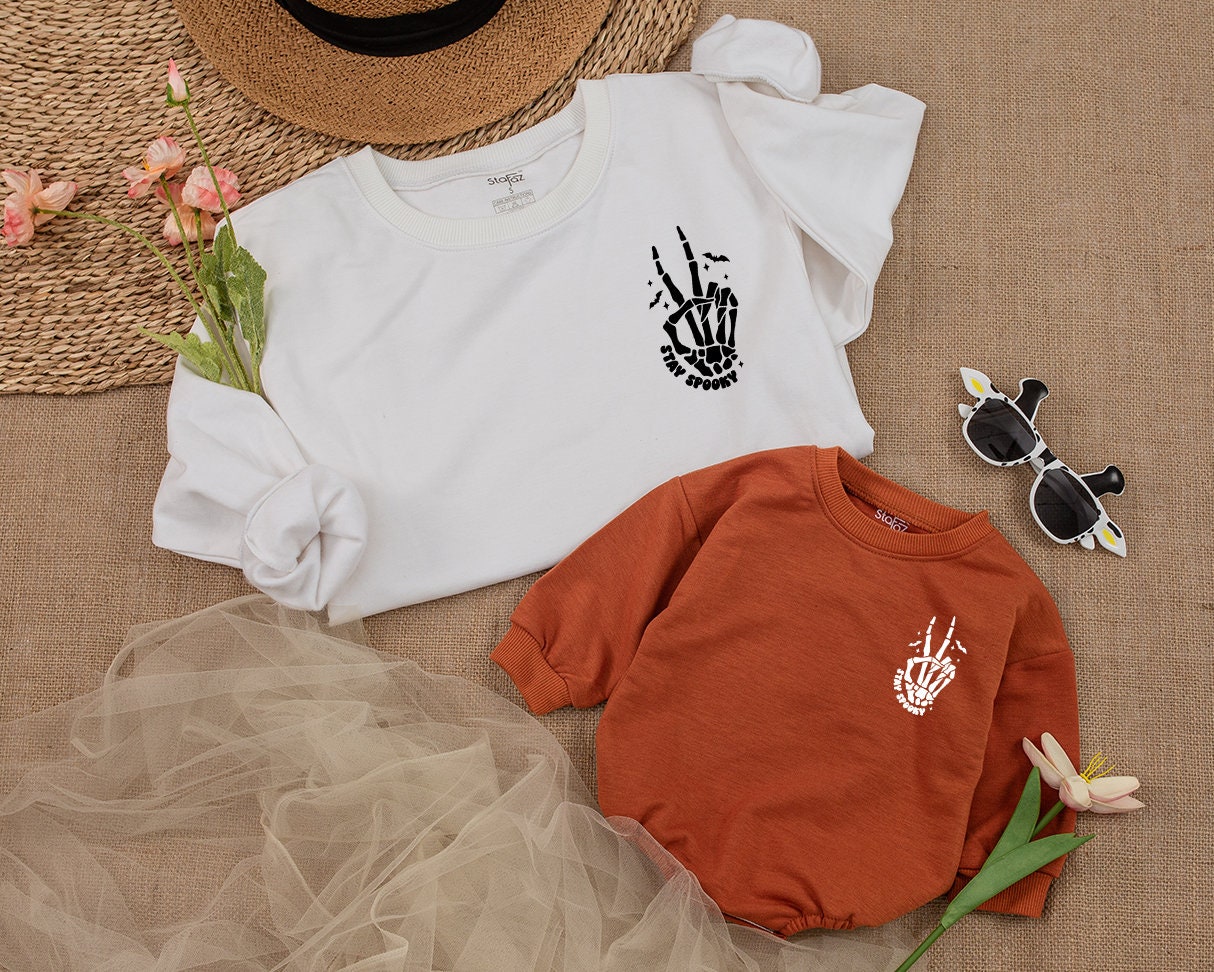 Stay Spooky Skeleton Hands Skull Halloween Sweatshirt perfect for Kids & Toddlers embracing Horror Party vibes with a cozy Fall Crewneck Shirt