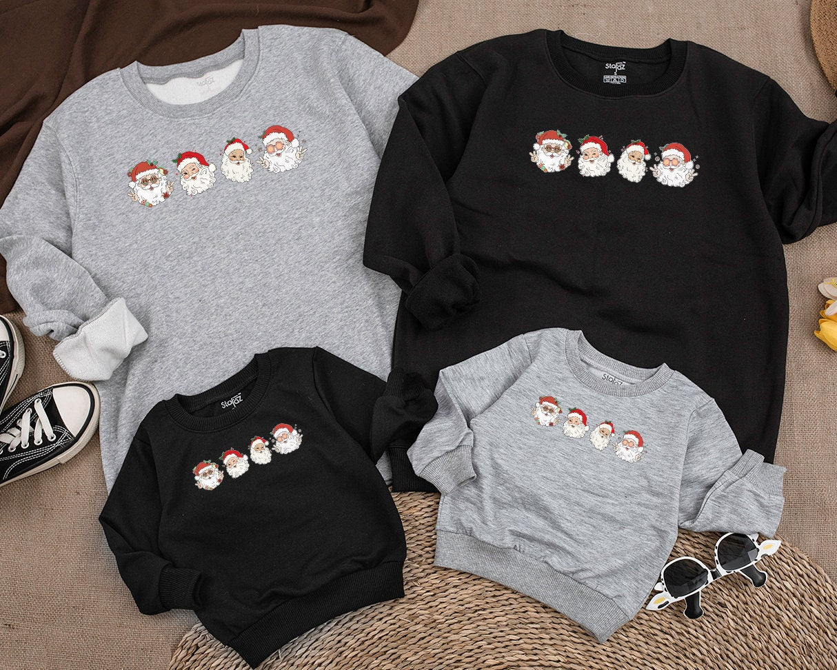 Retro Cheerful Santa Christmas Sweatshirt Vintage Whimsical Santa Heads Kids Toddler Baby Holiday Shirt with Retro Flowers