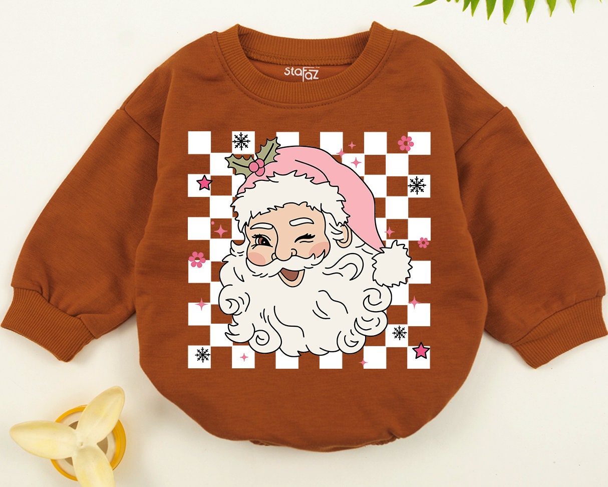 Merry Christmas Winking Santa Retro Family Matching Sweatshirt Babies Kids Cute Pink Hat Checkerboard Flowers Stars