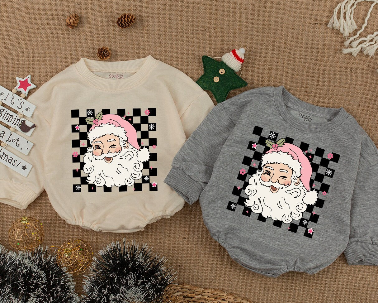 Merry Christmas Winking Santa Retro Family Matching Sweatshirt Babies Kids Cute Pink Hat Checkerboard Flowers Stars