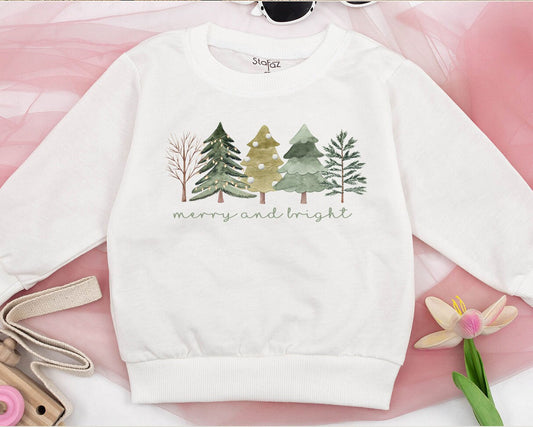 Matching Family Merry and Bright Christmas Tree Sweatshirt Kids Vintage Watercolor Holiday Outfit Newborn Toddler Gift