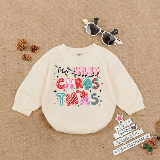 My First Christmas Baby Romper Colorful Lights Print Outfit, playful whimsical long sleeve bodysuit with pink red teal patterns perfect for baby's first holiday gift