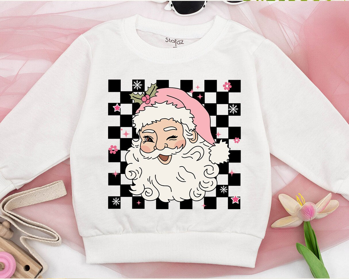 Merry Christmas Winking Santa Retro Family Matching Sweatshirt Babies Kids Cute Pink Hat Checkerboard Flowers Stars