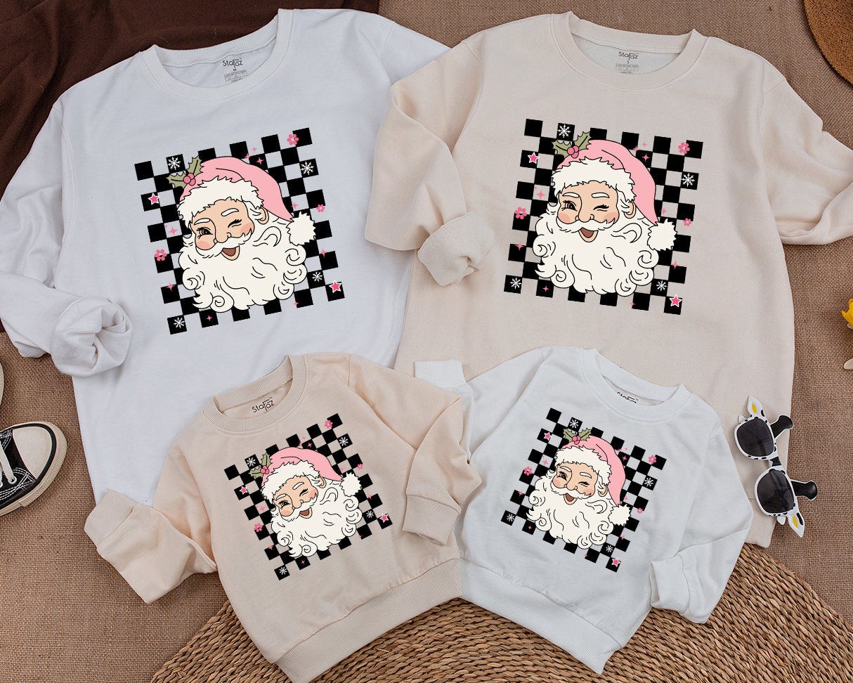 Merry Christmas Winking Santa Retro Family Matching Sweatshirt Babies Kids Cute Pink Hat Checkerboard Flowers Stars