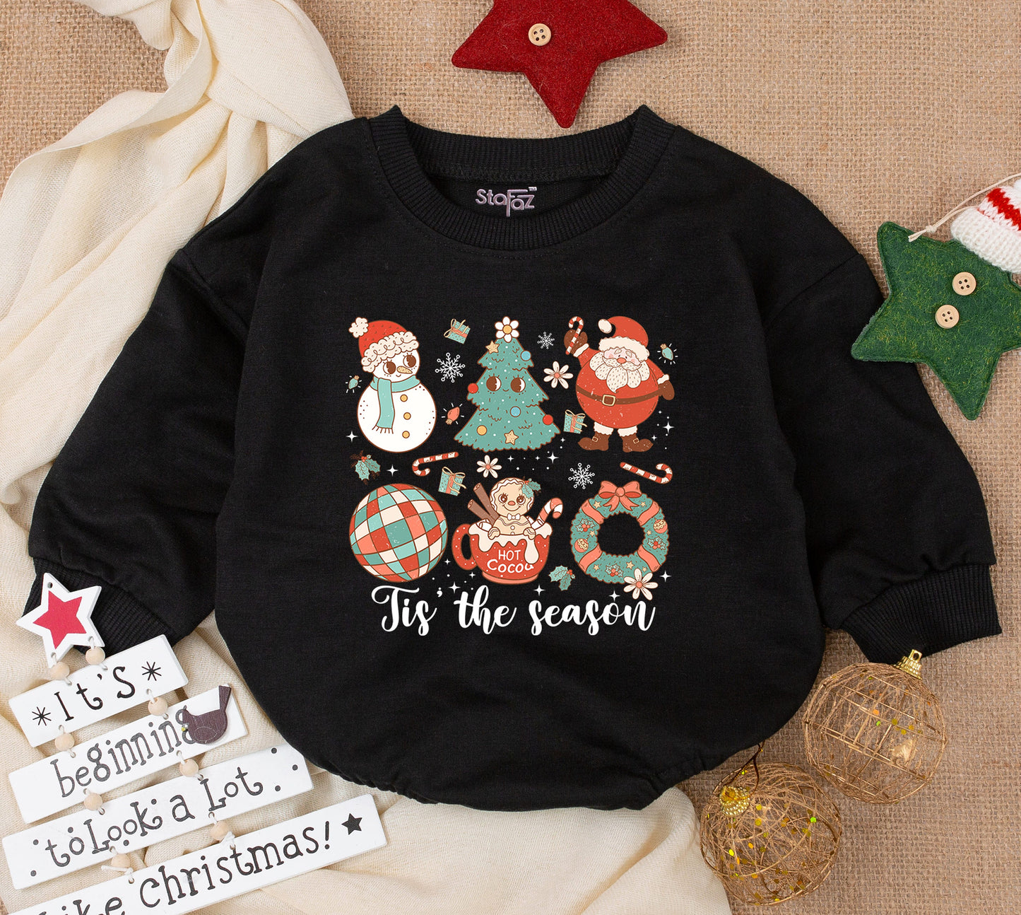 Whimsical Christmas Baby Bubble Romper with Snowman Tree Santa Claus Gingerbread 'Tis the Season & Snowflake Details for Festive Baby Shower Gifts