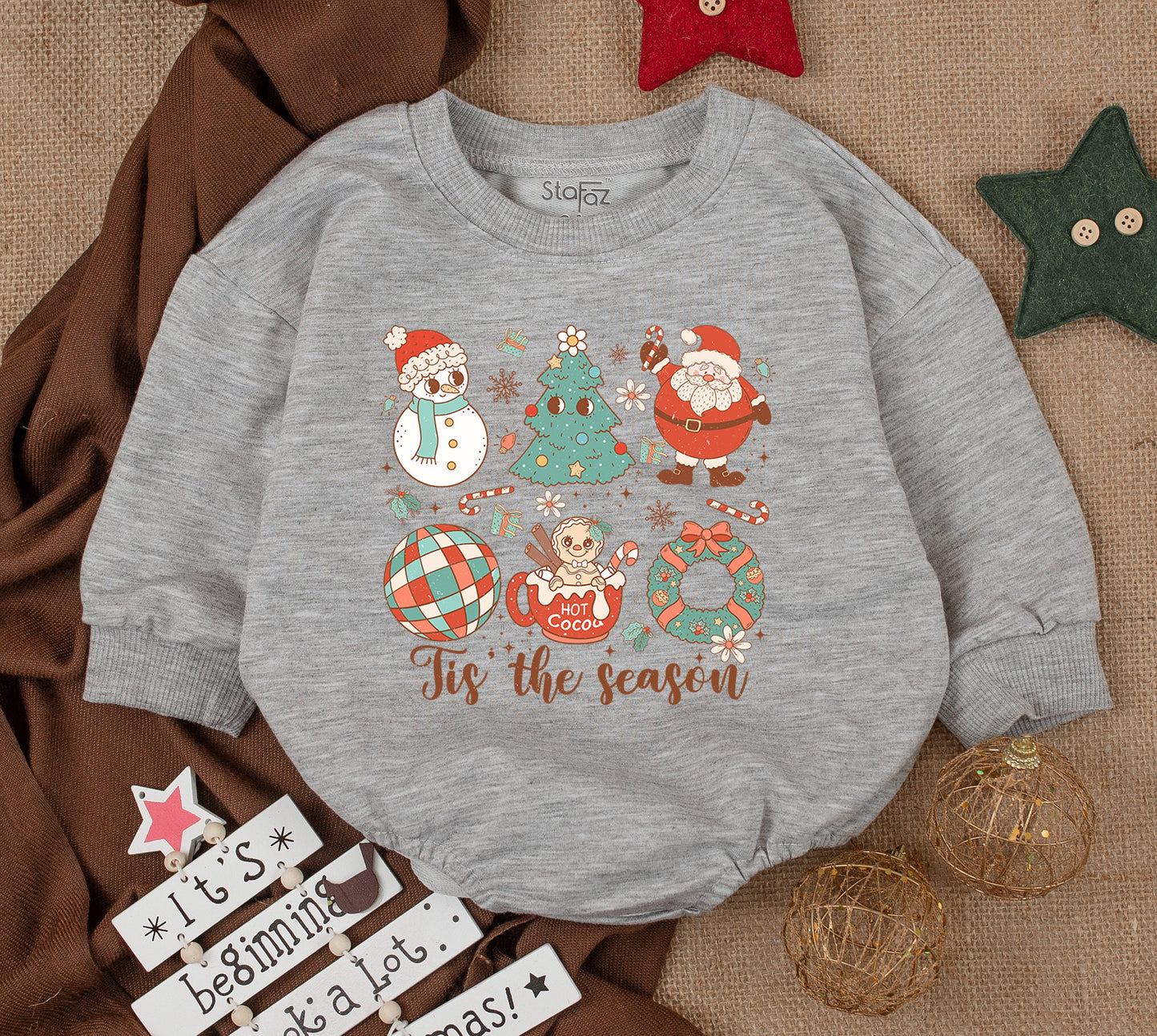 Whimsical Christmas Baby Bubble Romper with Snowman Tree Santa Claus Gingerbread 'Tis the Season & Snowflake Details for Festive Baby Shower Gifts