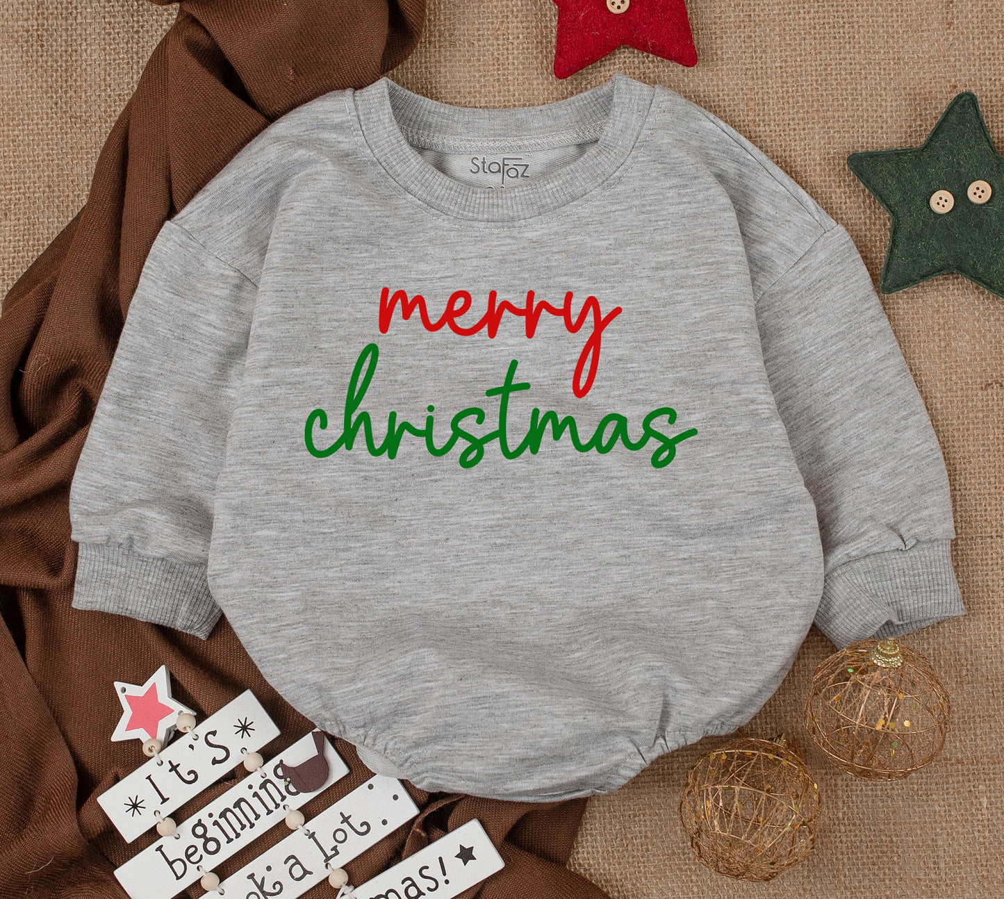 Merry Christmas Baby Romper Outfit, Red & Green Cursive Print, Soft Cozy Infant Clothes, Christmas Girl or Boy, Holiday Bodysuit, Baby Shower Gift 139