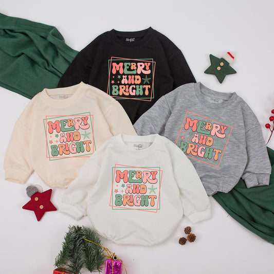 Merry and Bright Retro Christmas Baby Outfit with Pink & Green Accents - Perfect First Christmas Toddler Sweatshirt or Newborn Gift Girl