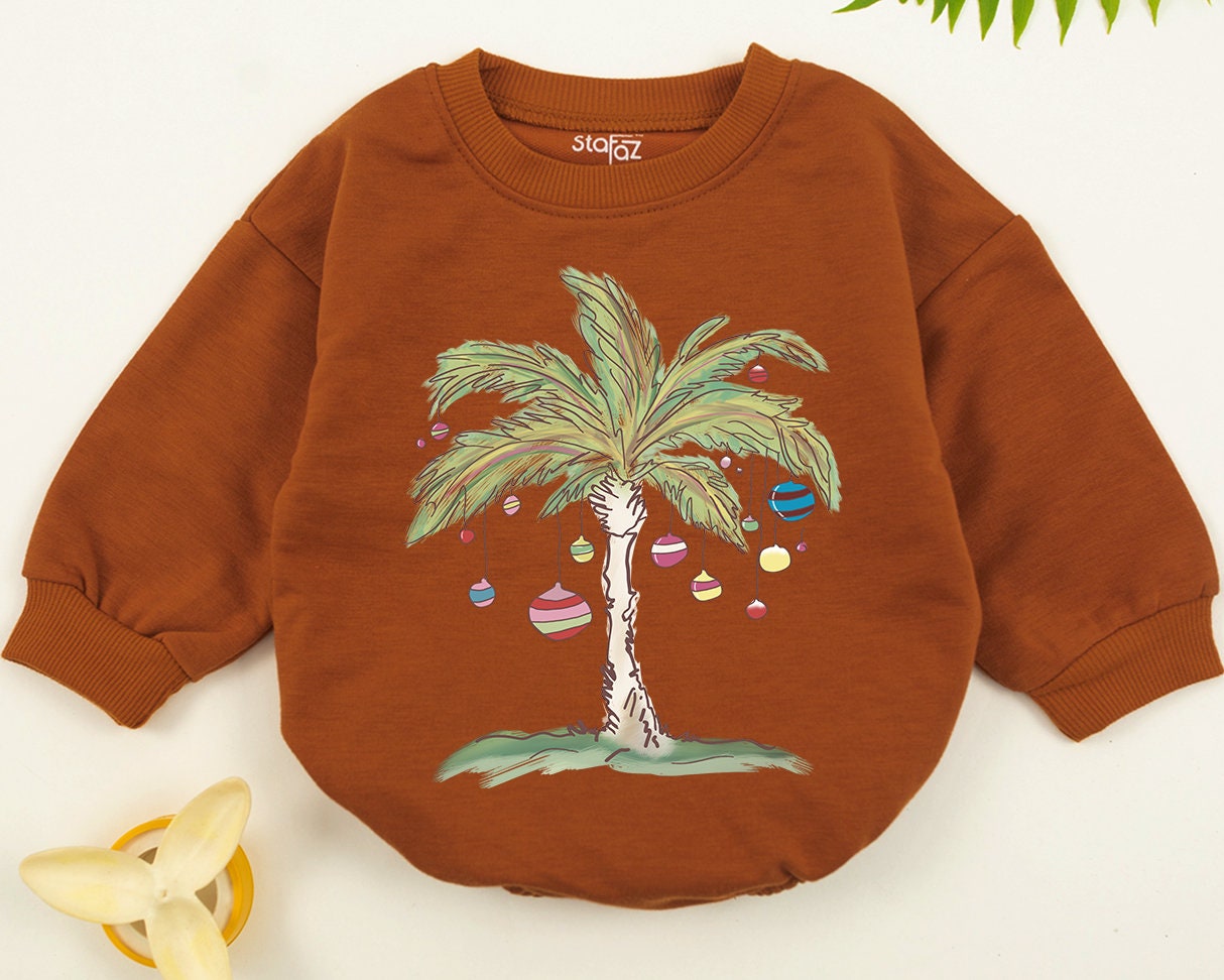 Tropical Christmas Palm Tree Sweatshirt Toddler Romper, Beachy Xmas Gift for Baby Kid, Aloha Holiday Outfit, Florida Christmas in July Fun 139chars