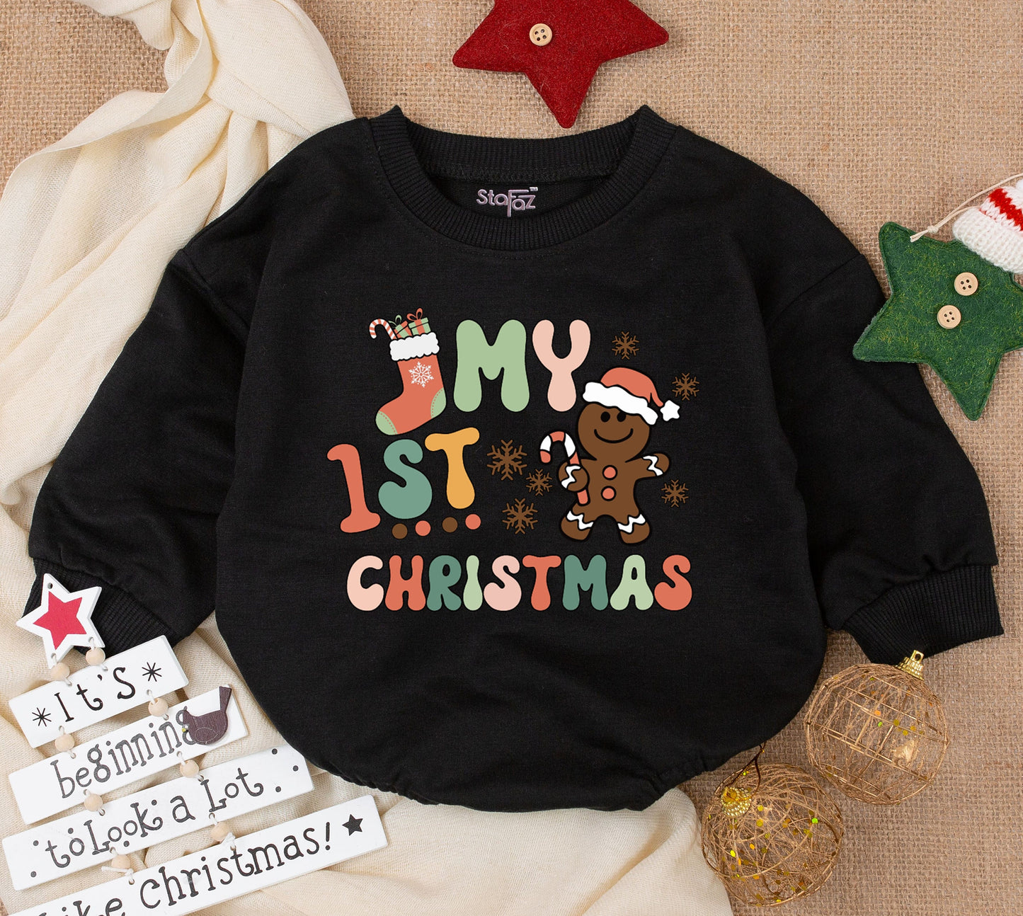 My 1st Christmas Retro Baby Romper Outfit, Colorful Festive Design, Newborn Girl Clothes, Infant Holiday Gift, Christmas Clothes