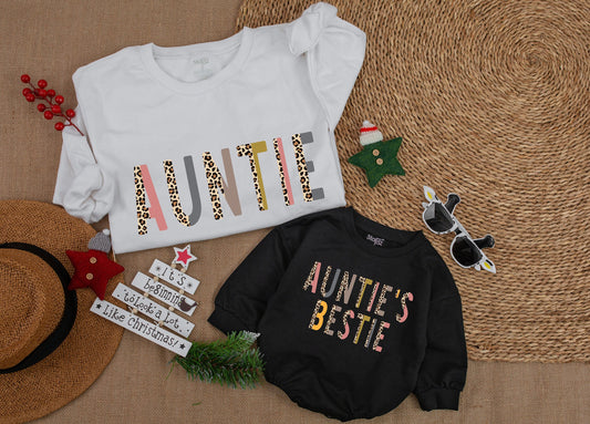 Custom Auntie & Auntie's Bestie Matching Sweatshirt Leopard Print Fall Outfit Baby Girl Romper Gift for Auntie & Niece or Nephew