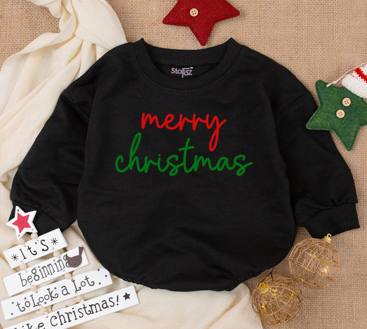 Merry Christmas Baby Romper Outfit, Red & Green Cursive Print, Soft Cozy Infant Clothes, Christmas Girl or Boy, Holiday Bodysuit, Baby Shower Gift 139