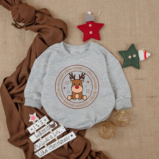 My First Christmas Reindeer Romper: Baby's Cute Holiday Outfit, Cartoon Deer Bodysuit with Dasher, Dancer, Prancer Names, Soft Cotton First Xmas Gift 138
