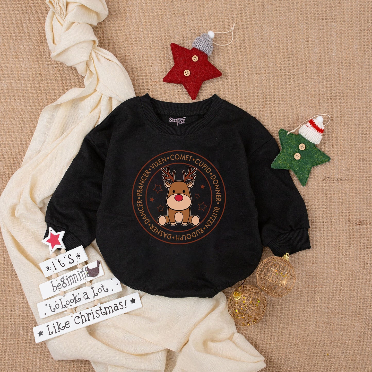 My First Christmas Reindeer Romper: Baby's Cute Holiday Outfit, Cartoon Deer Bodysuit with Dasher, Dancer, Prancer Names, Soft Cotton First Xmas Gift 138