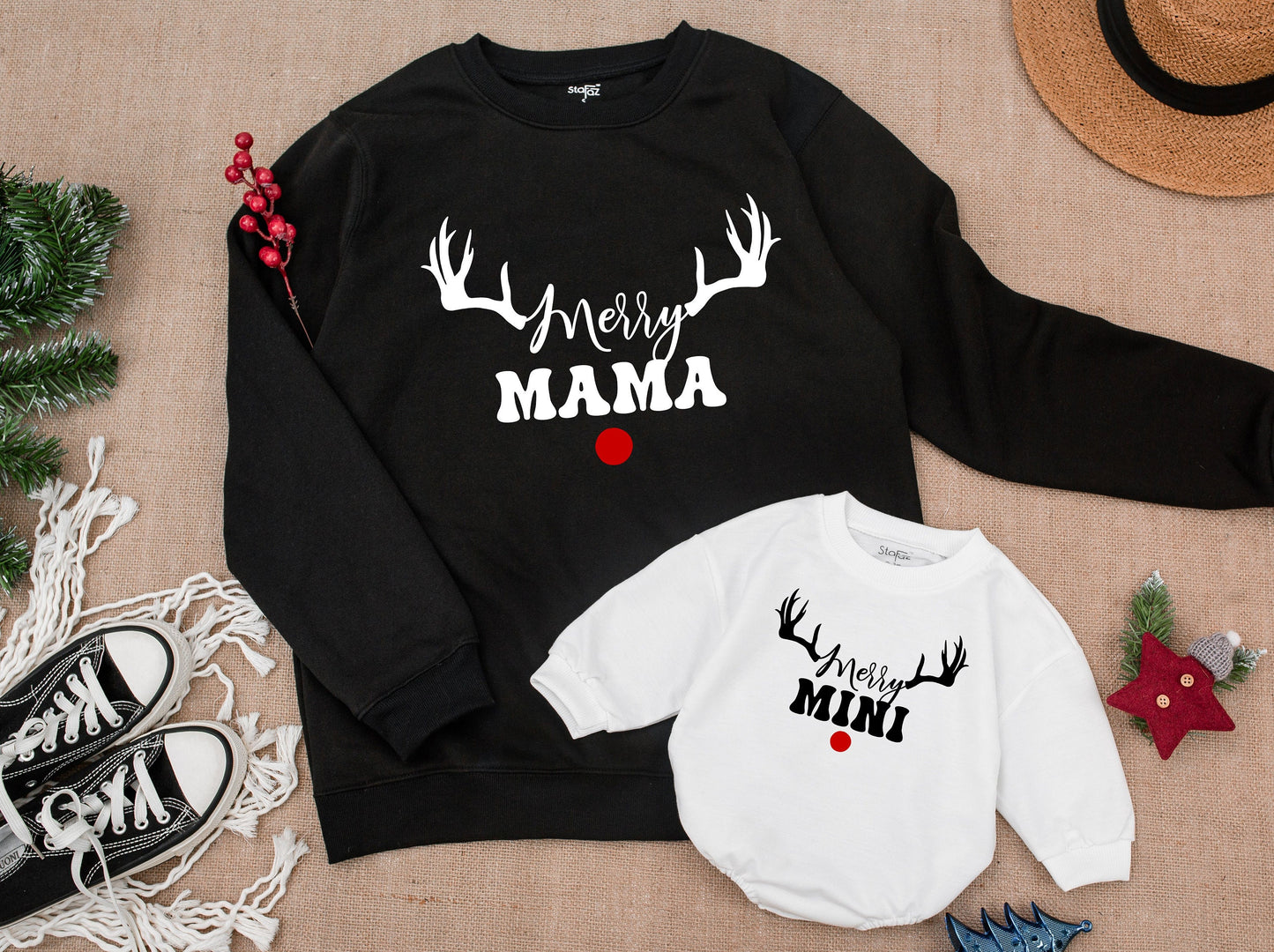 Merry Mama and Merry Mini Christmas Sweatshirt Matching Family Sweaters Daughter Toddler Outfit Holiday Xmas Shirts Mom and Me Winter Soft Comfortable