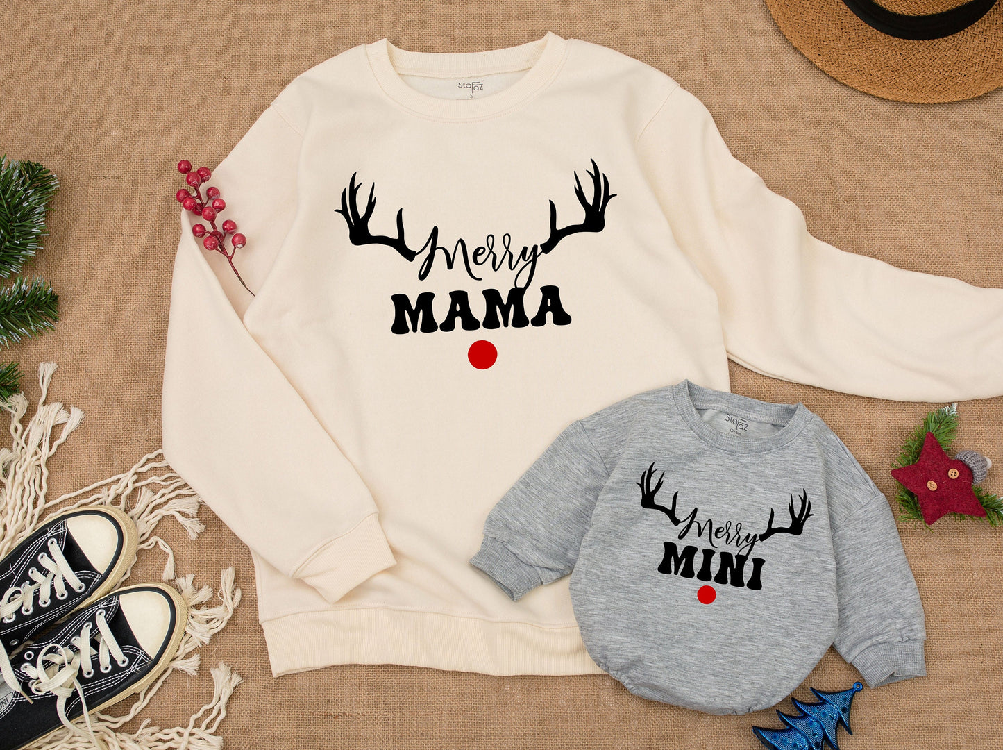 Merry Mama and Merry Mini Christmas Sweatshirt Matching Family Sweaters Daughter Toddler Outfit Holiday Xmas Shirts Mom and Me Winter Soft Comfortable