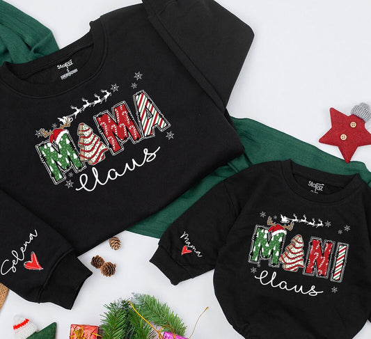 Personalized Mama Mini Gigi Claus Family Christmas Sweatshirt festive candy cane star reindeer sleigh design holiday cozy gift