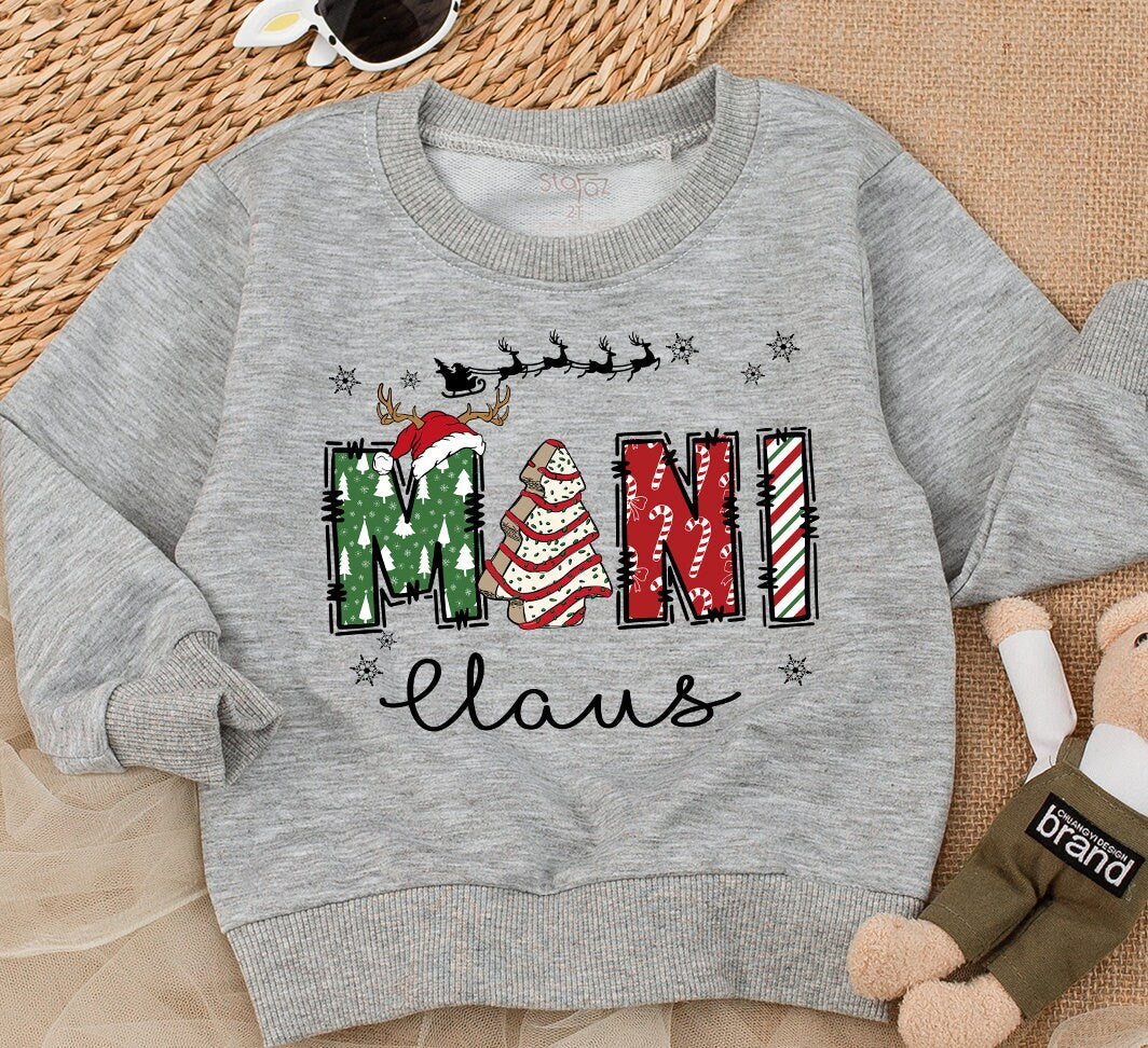 Personalized Mama Mini Gigi Claus Family Christmas Sweatshirt festive candy cane star reindeer sleigh design holiday cozy gift