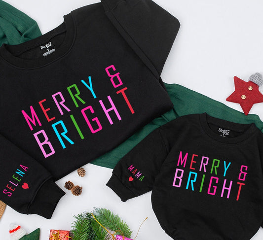 Personalized Mommy and Me Christmas Sweatshirt Merry & Bright Colorful Letters Name on Wrist Mom Daughter Baby Girl Holiday Gift